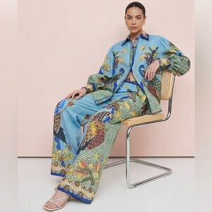 Blue Peacock-Print Wide-Leg Pants with matching pants